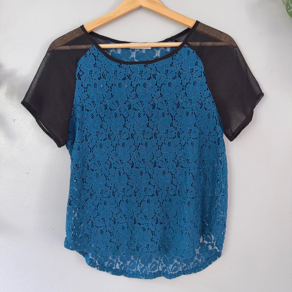 Lush Top Blue Floral Whimsigoth Lace Black Sheer Raglan Short Sleeve High Low